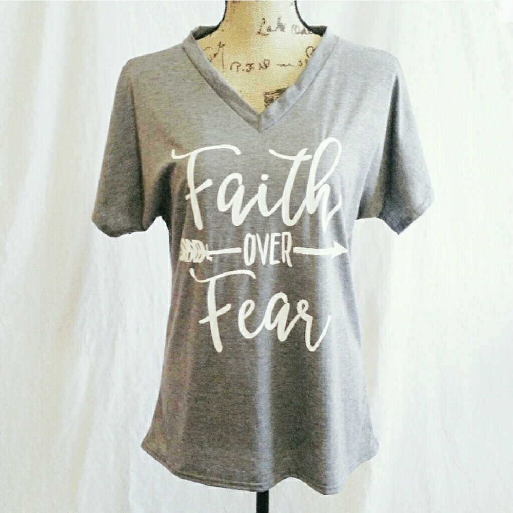 New v-neck Whimsical Faith over fear t-shirt - Picture 2 of 4